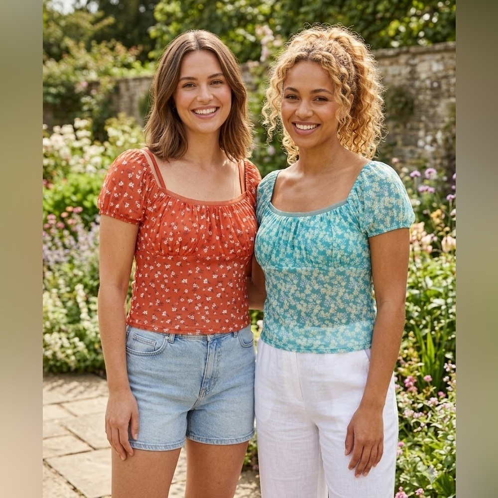 No Boundaries Floral Square Neck Blouses - Orange and Blue Set 2 Pieces